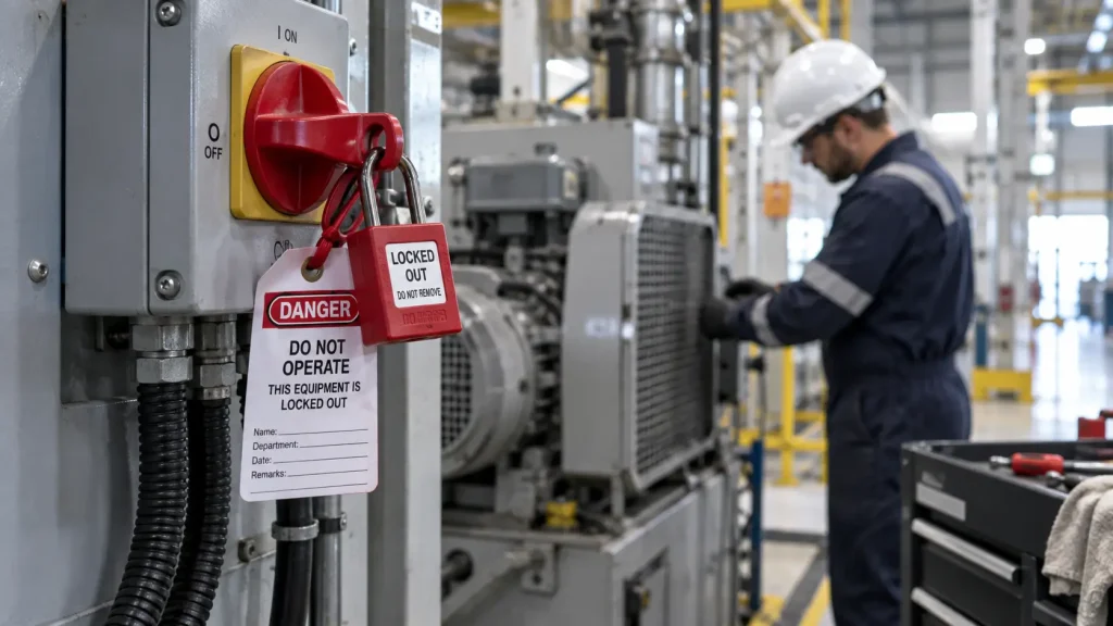 Tecnico durante un intervento di manutenzione con sistema LOTO, lucchetto di sicurezza e cartellino applicati al sezionatore di un macchinario industriale.