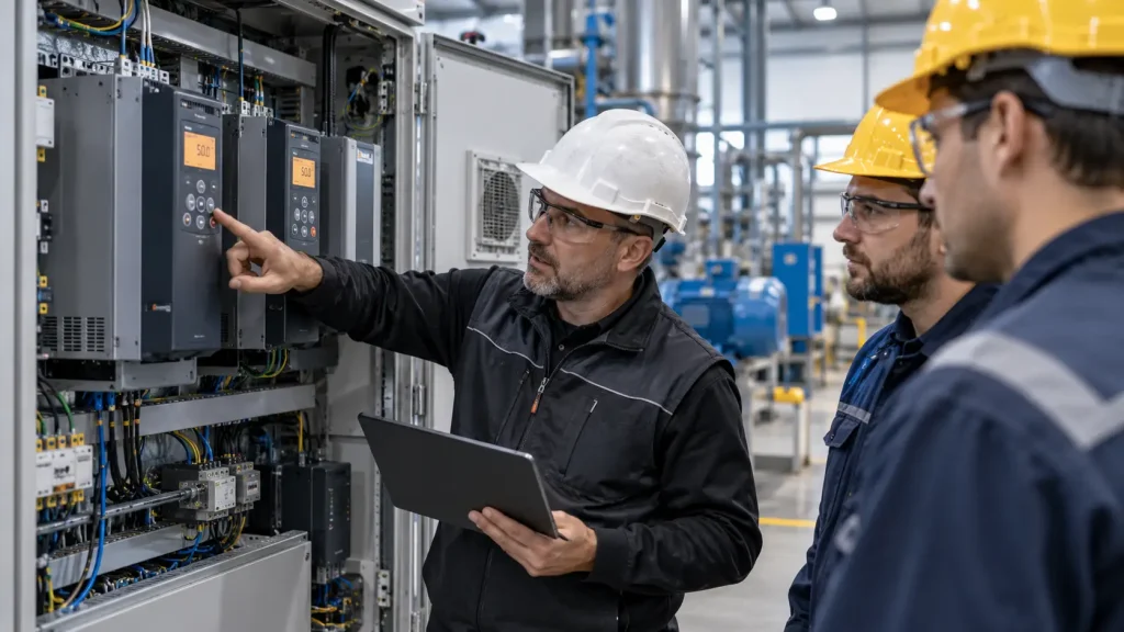 Formatore e tecnici durante un corso on-site davanti a un quadro elettrico con inverter industriali e tablet per la configurazione.