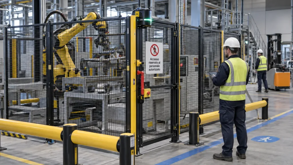 Cella robotizzata protetta da recinzione perimetrale con porta interbloccata, sistemi di sicurezza e operatore in stabilimento industriale.