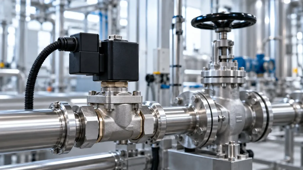 Elettrovalvola e valvola industriale installate su tubazioni in un impianto di automazione industriale